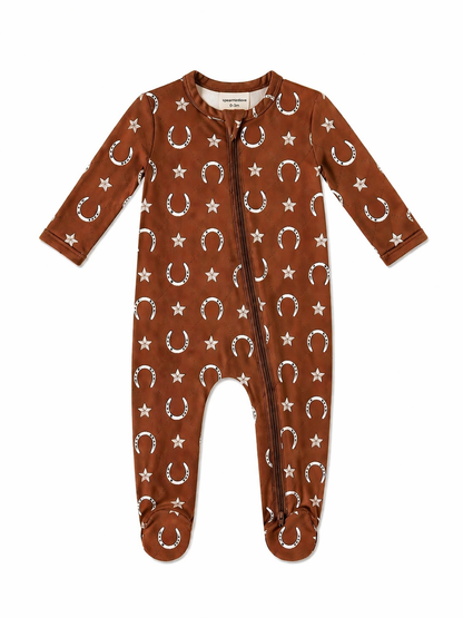 Brown baby onesie with star and horseshoe pattern, featuring a front zipper and footed design.