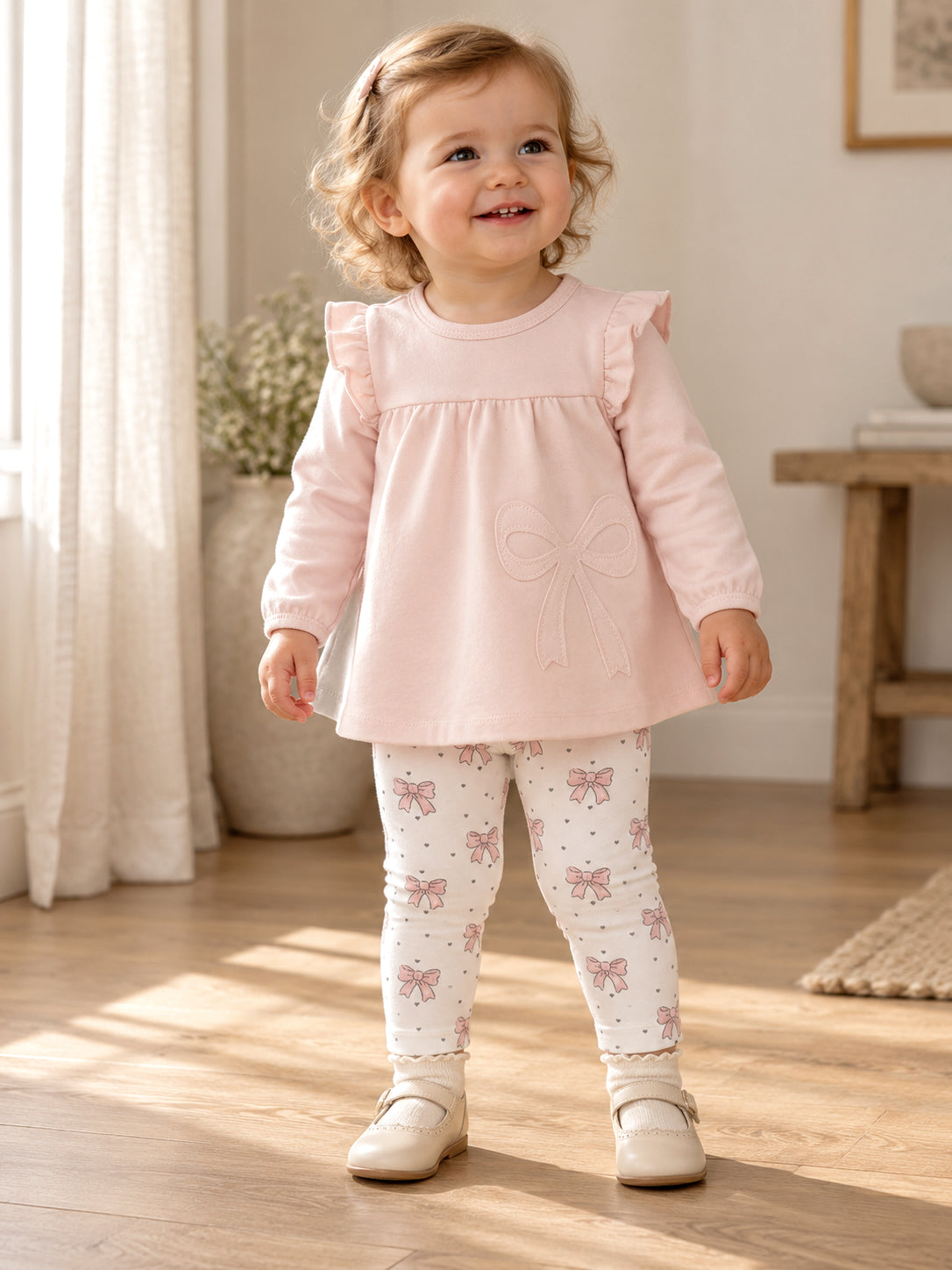 Long Sleeve Sweatshirt with Ruffles and Leggings, Veiled Pink Bows
