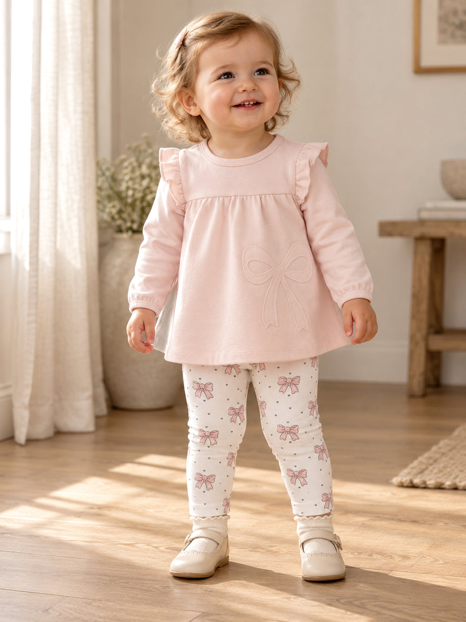 Long Sleeve Sweatshirt with Ruffles and Leggings, Veiled Pink Bows