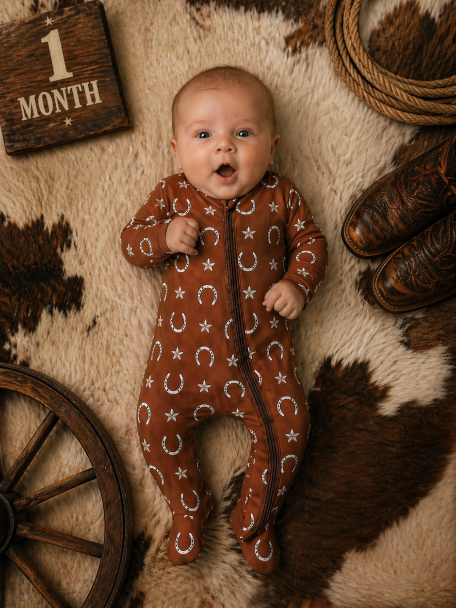 Smiling baby in a western-themed outfit on a patterned rug with a sign reading "1 Month."
