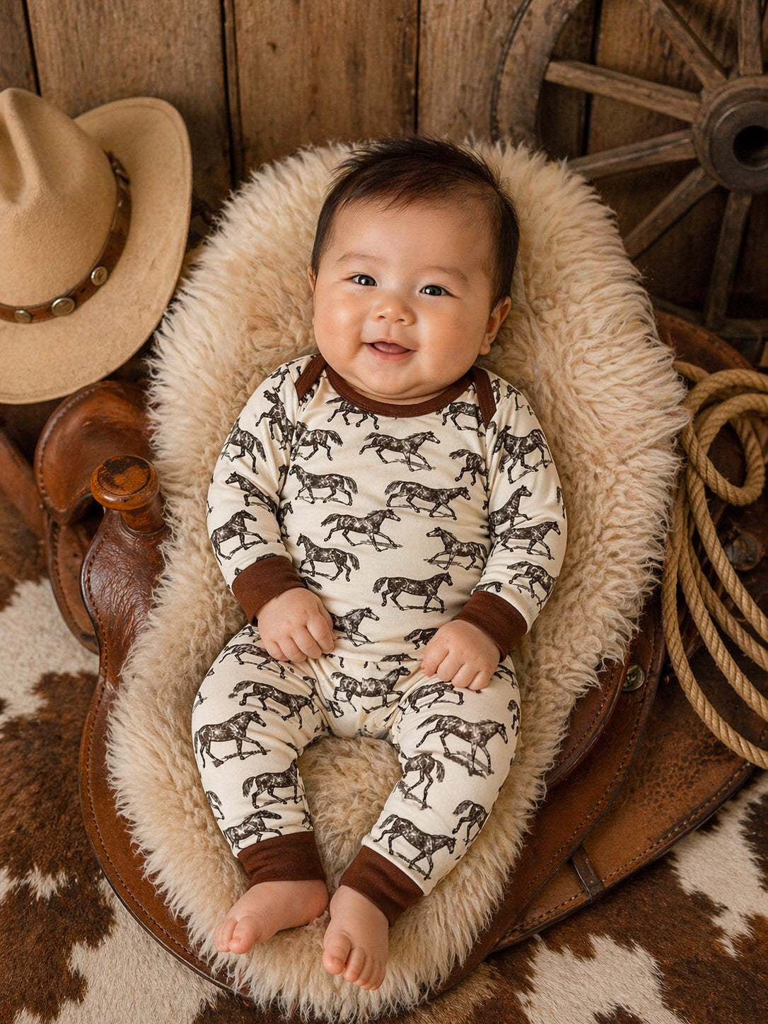 Smiling baby in horse-print pajamas sitting on a cozy, furry chair next to a cowboy hat and rustic decor.
