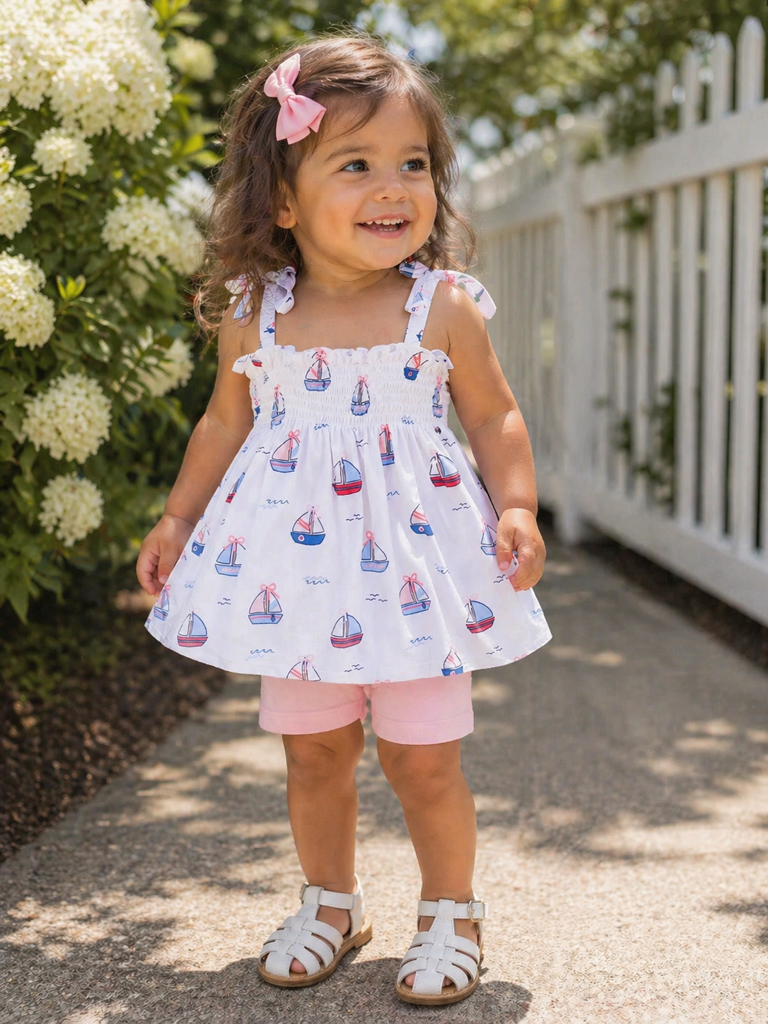 Smiling toddler in a sailboat-print dress and pink shorts, standing outdoors by white flowers and a fence.