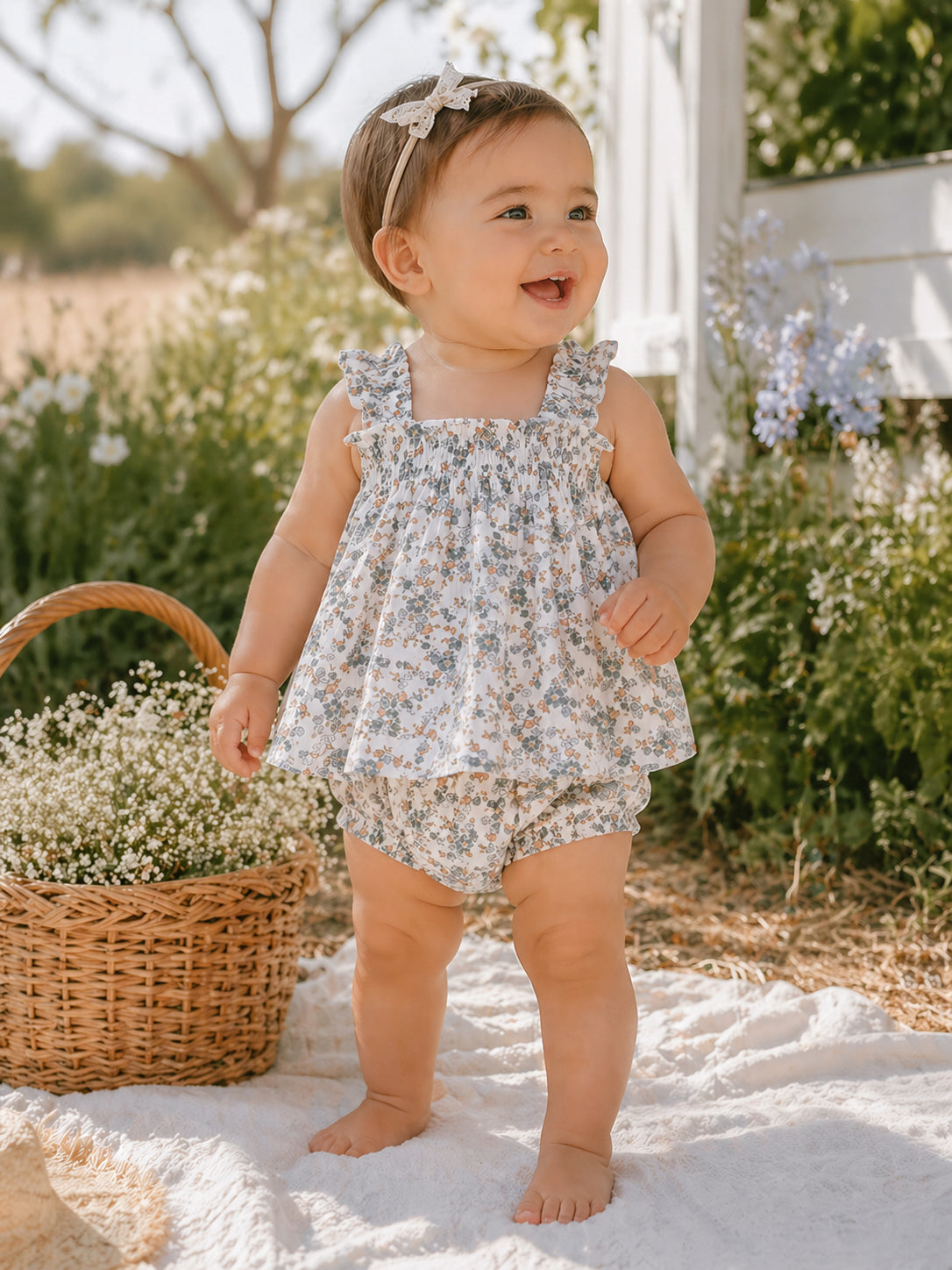 Smiling baby in a floral outfit stands on a blanket, surrounded by greenery and flowers, holding a wicker basket.