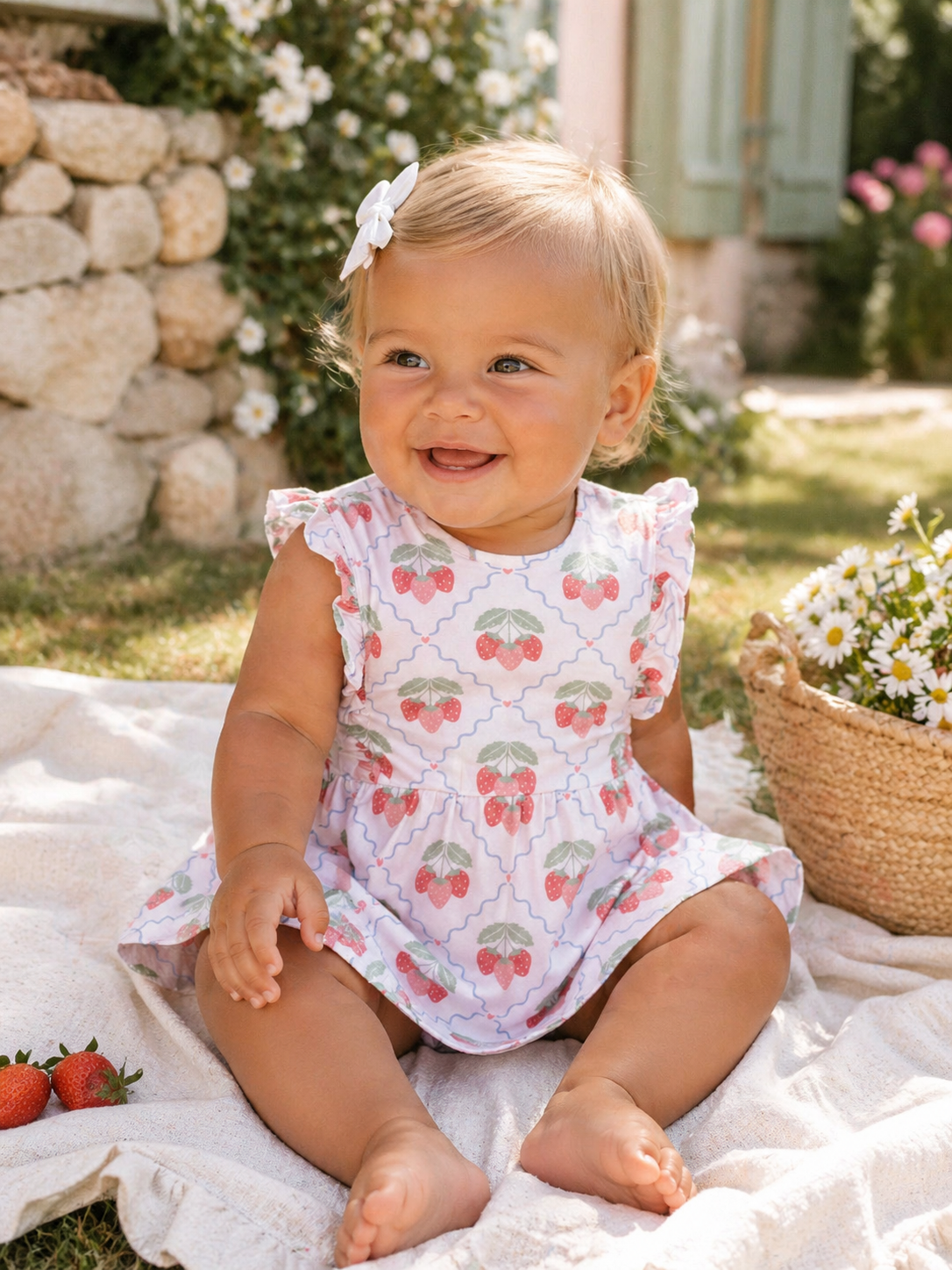 Smiling baby girl in a floral dress, sitting on a blanket with strawberries and flowers in a sunny garden setting.