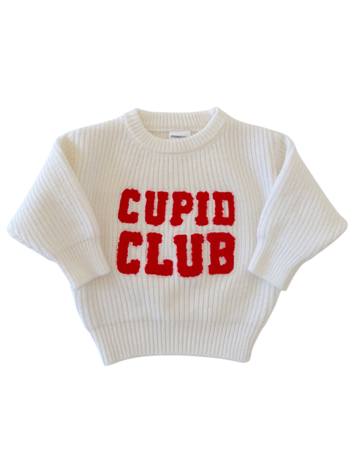 White sweater with "CUPID CLUB" in red letters on the front, featuring a ribbed texture and wide sleeves.