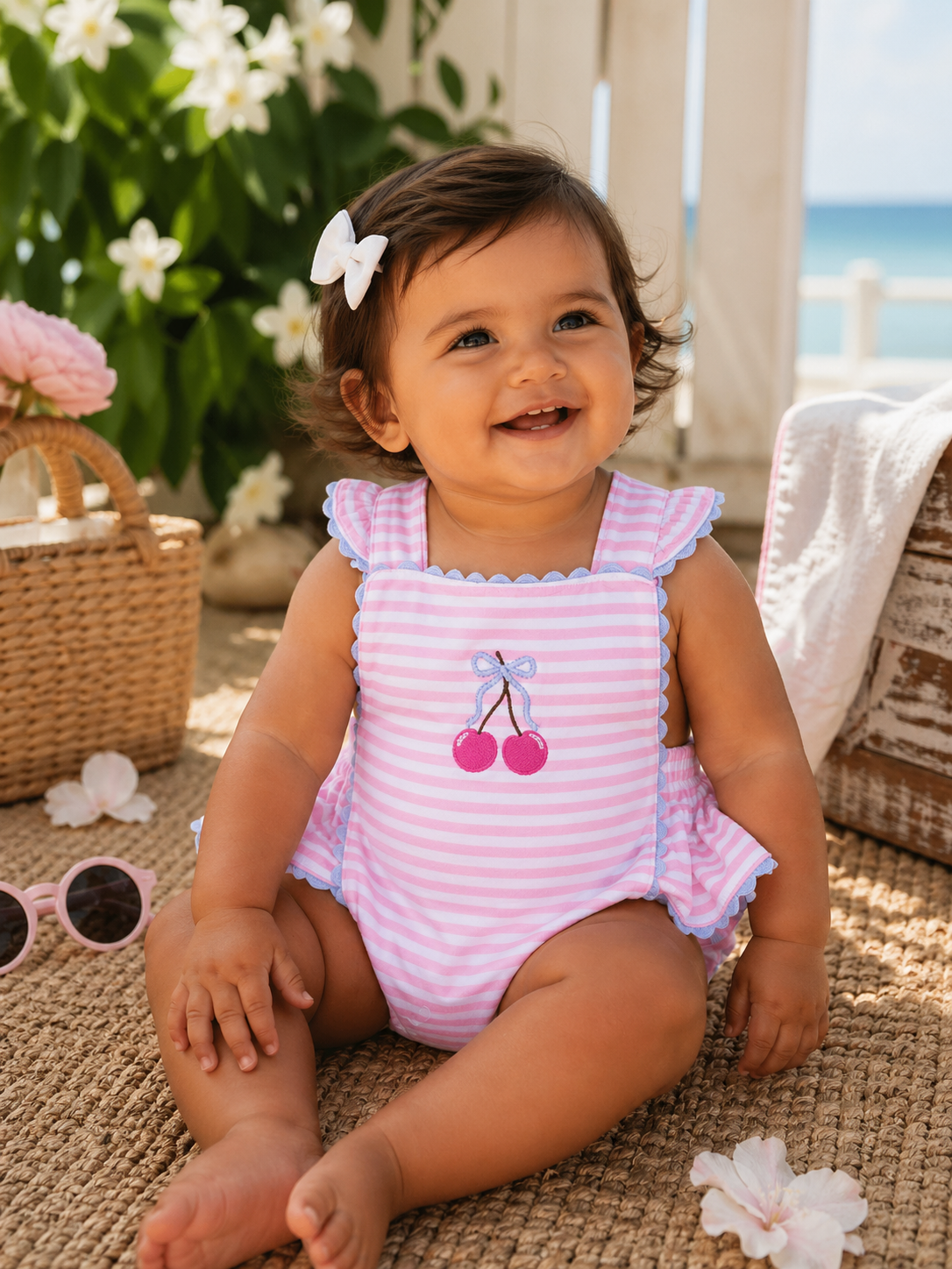 Smiling baby in a pink striped swimsuit with a cherry design, seated on a mat surrounded by flowers and a basket.