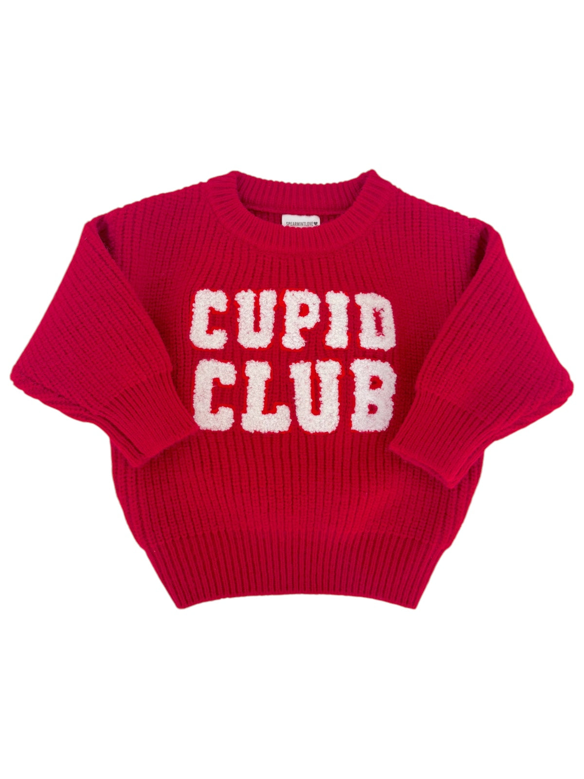 Red sweater with "CUPID CLUB" written in white, featuring a cozy ribbed texture and oversized sleeves.