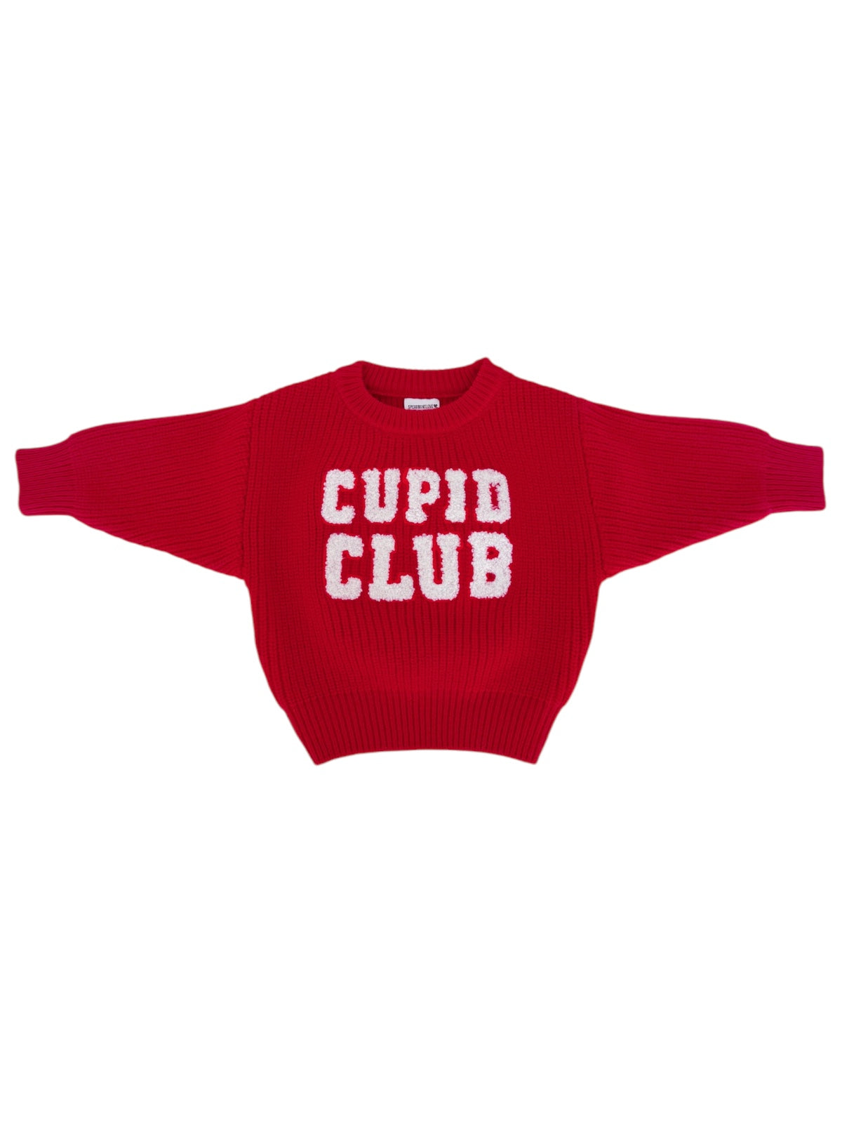 Red sweater with the text "CUPID CLUB" in white, featuring a loose fit and ribbed texture.