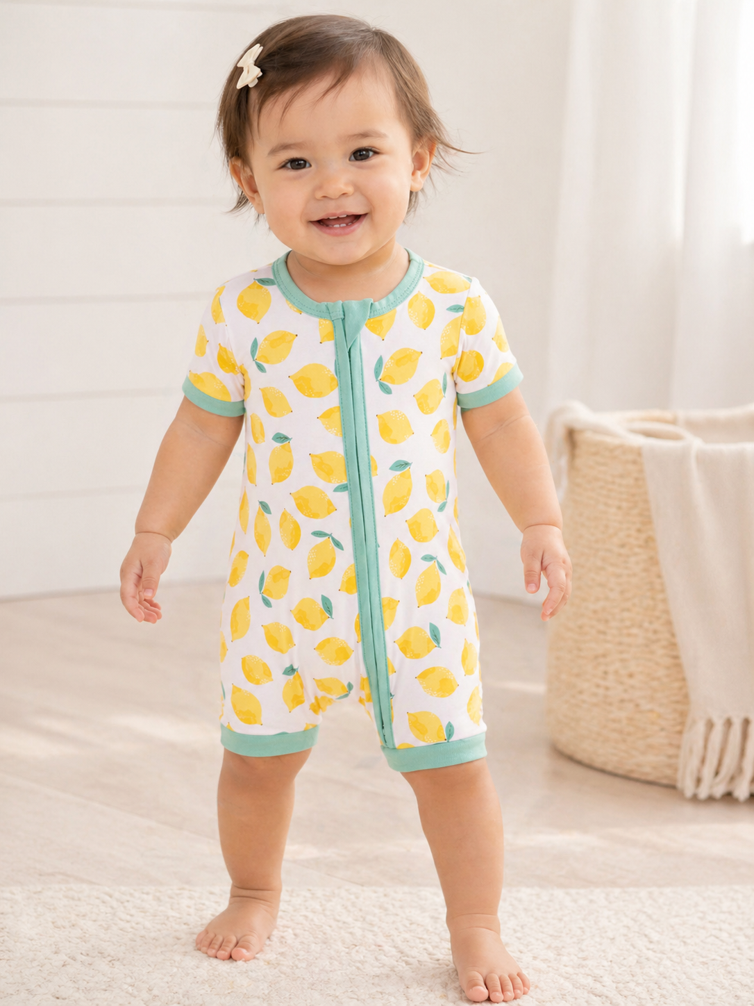 Smiling toddler in a lemon-patterned onesie, standing on a light rug in a bright room.