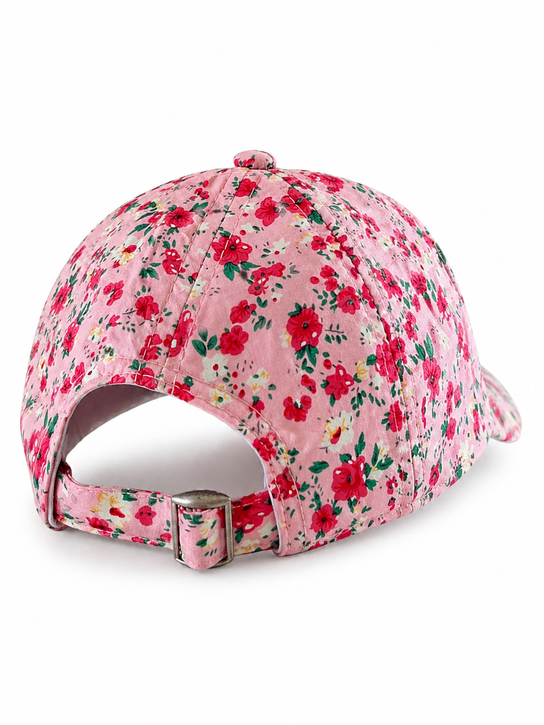 Floral-patterned pink baseball cap viewed from the back, featuring an adjustable strap.