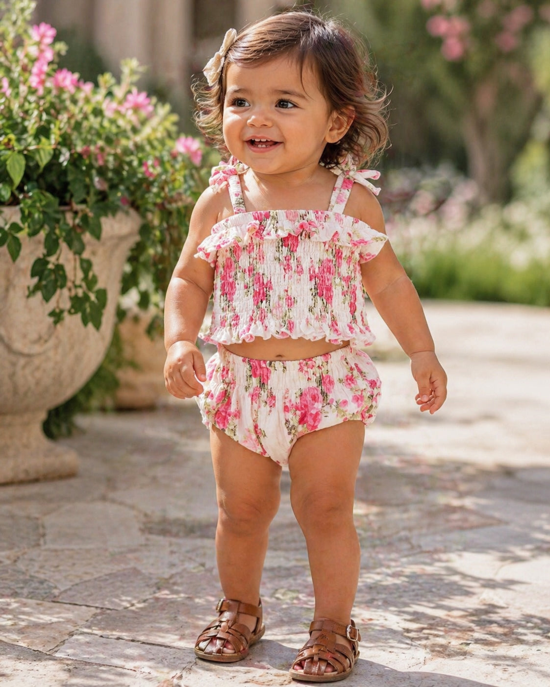 Smiling toddler in floral outfit standing outdoors, surrounded by greenery and flowers.