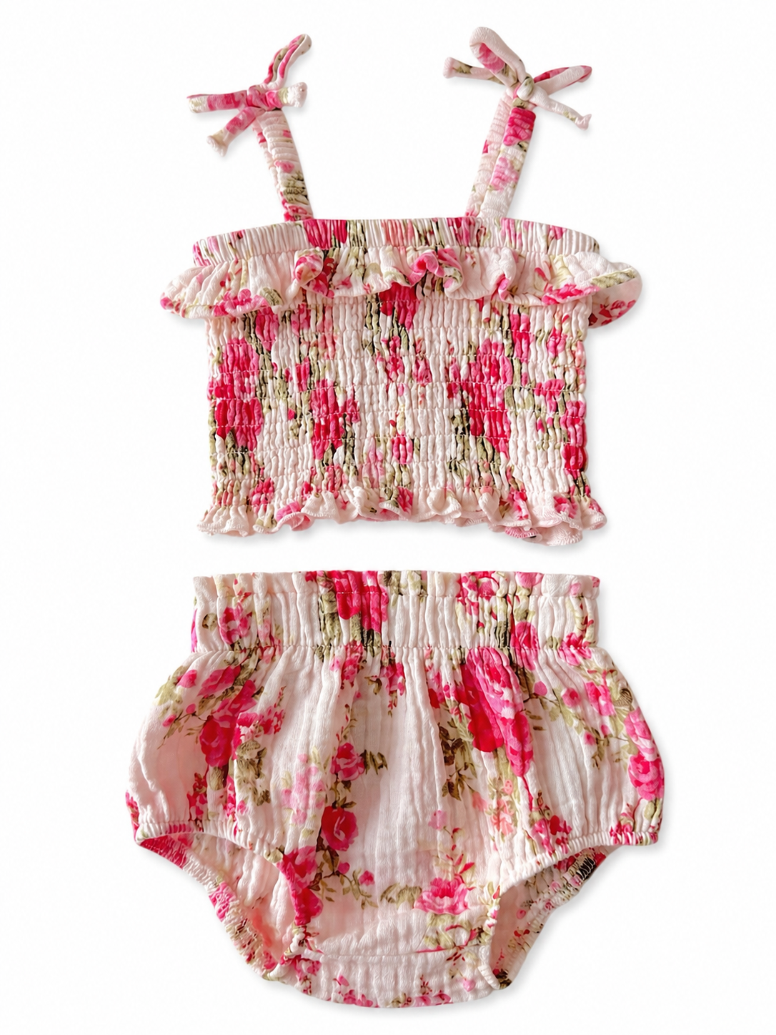 Floral print two-piece set featuring a smocked top with ruffled straps and matching bloomers.