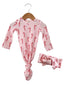 Organic Waffle Knotted Gown & Bow Set, Pink Candy Cane