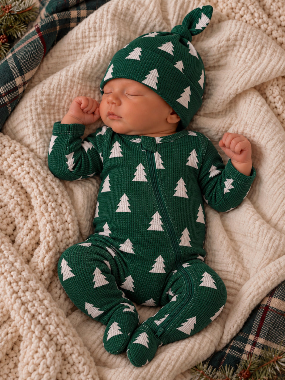 Organic Waffle 2-Way Zip Footie, Spruce Trees