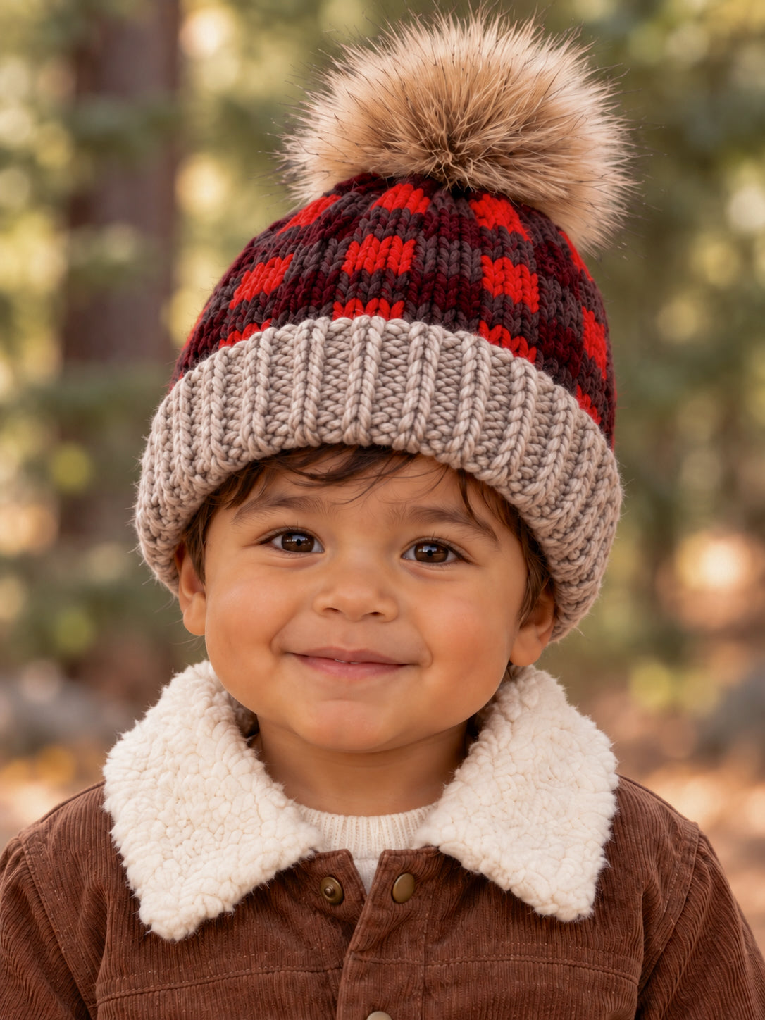 Red Buffalo Check Fur Pom Hat