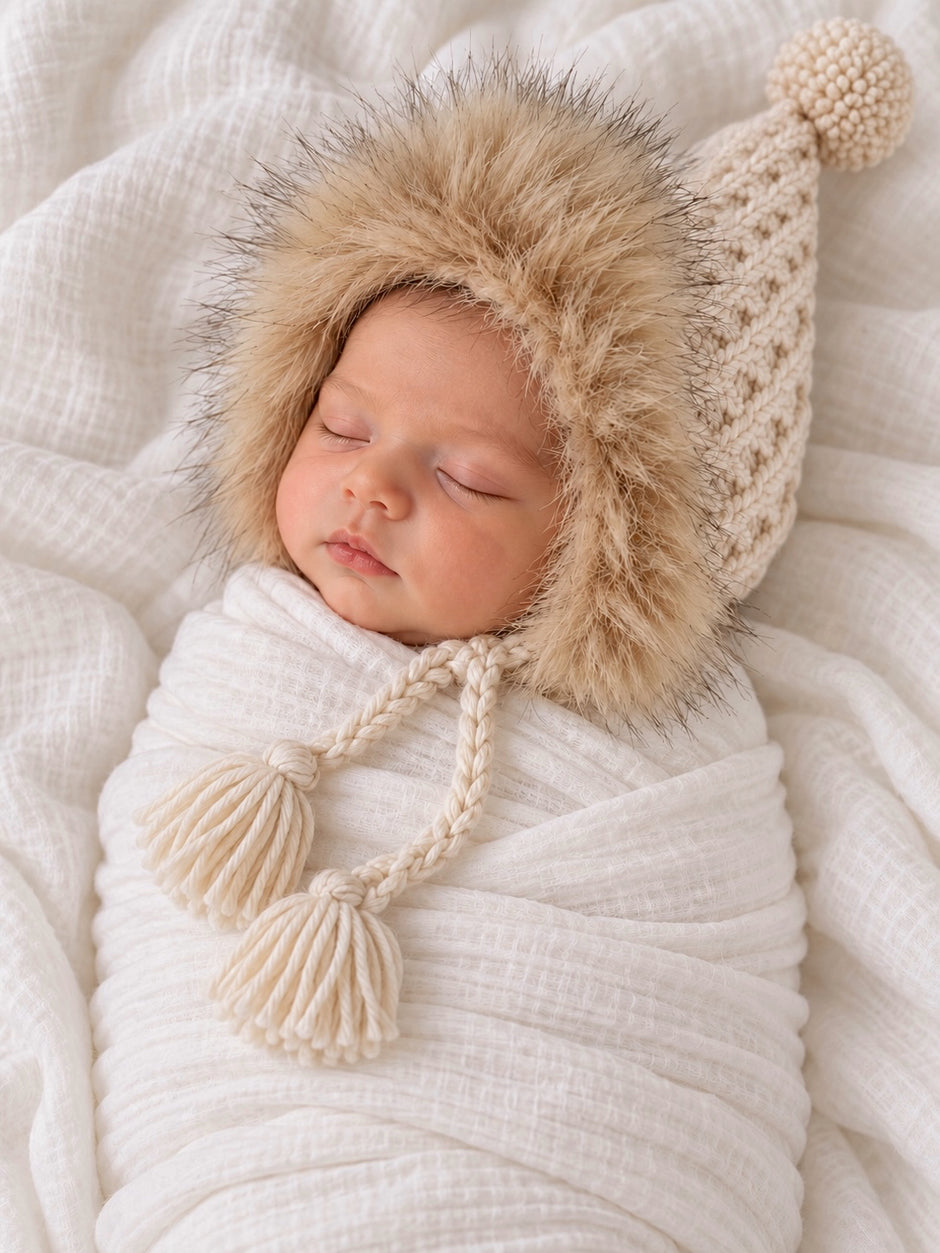 Fur Trimmed Bonnet, Natural