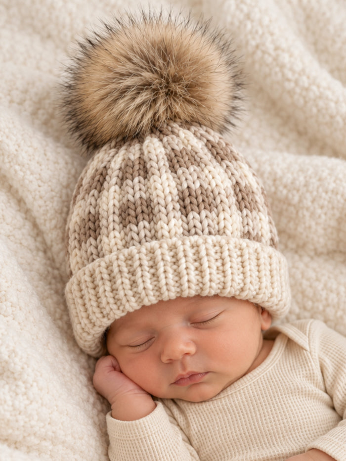 Buffalo Check Fur Pom Hat, Pebble