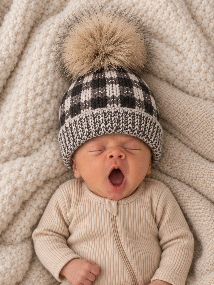 Buffalo Check Fur Pom Hat, Grey
