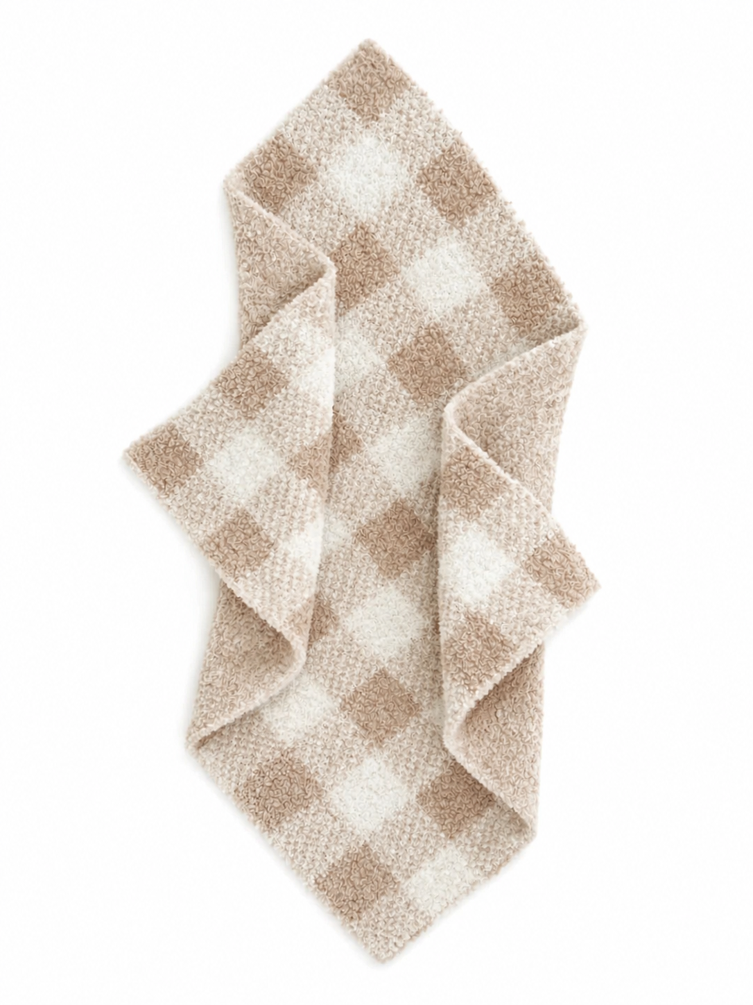 Brown and white checkered throw blanket folded on a white background. Soft texture and cozy design.