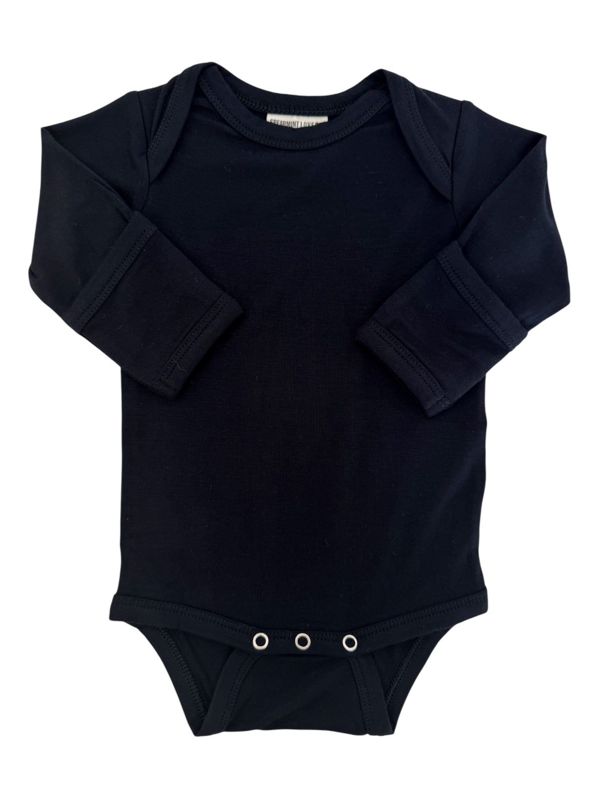 Black long-sleeve baby bodysuit with snaps at the bottom and a soft, stretchy fabric.