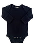 Black long-sleeve baby bodysuit with snaps at the bottom and a soft, stretchy fabric.