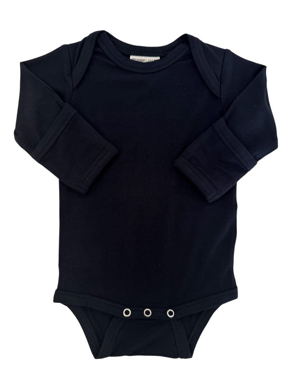 Black long-sleeve baby bodysuit with snaps at the bottom and a soft, stretchy fabric.