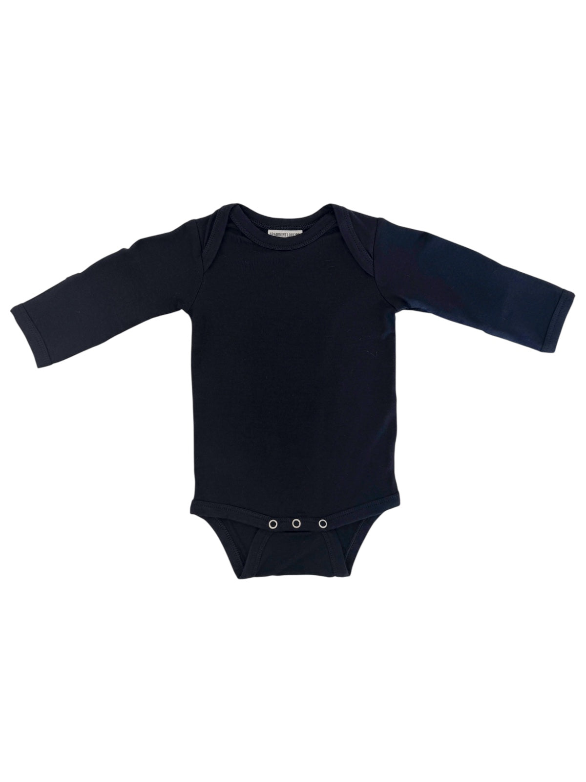 Black long-sleeve baby bodysuit with snaps at the bottom.