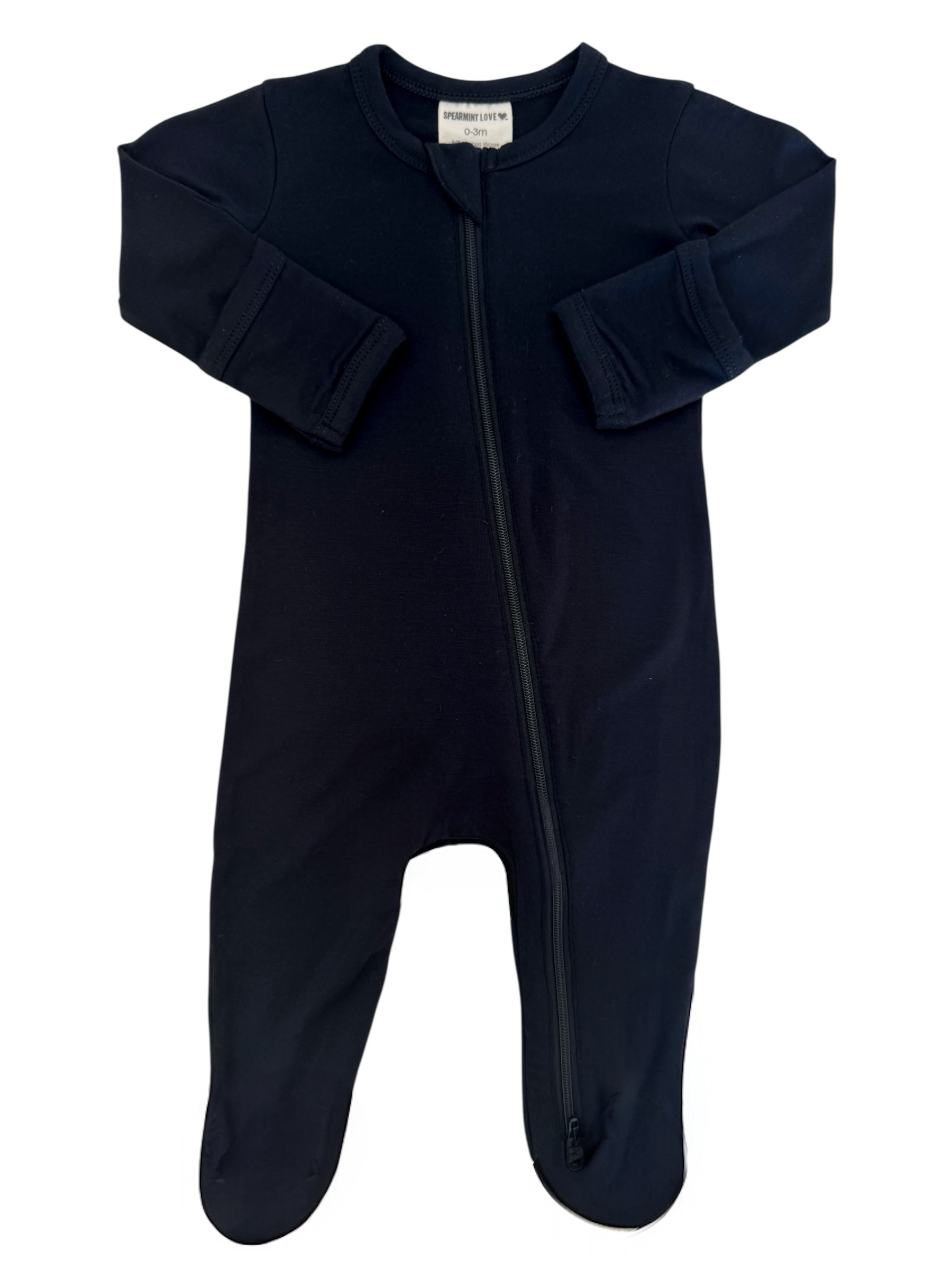 Navy blue baby onesie with a front zipper and long sleeves, suitable for infants 0-3 months.