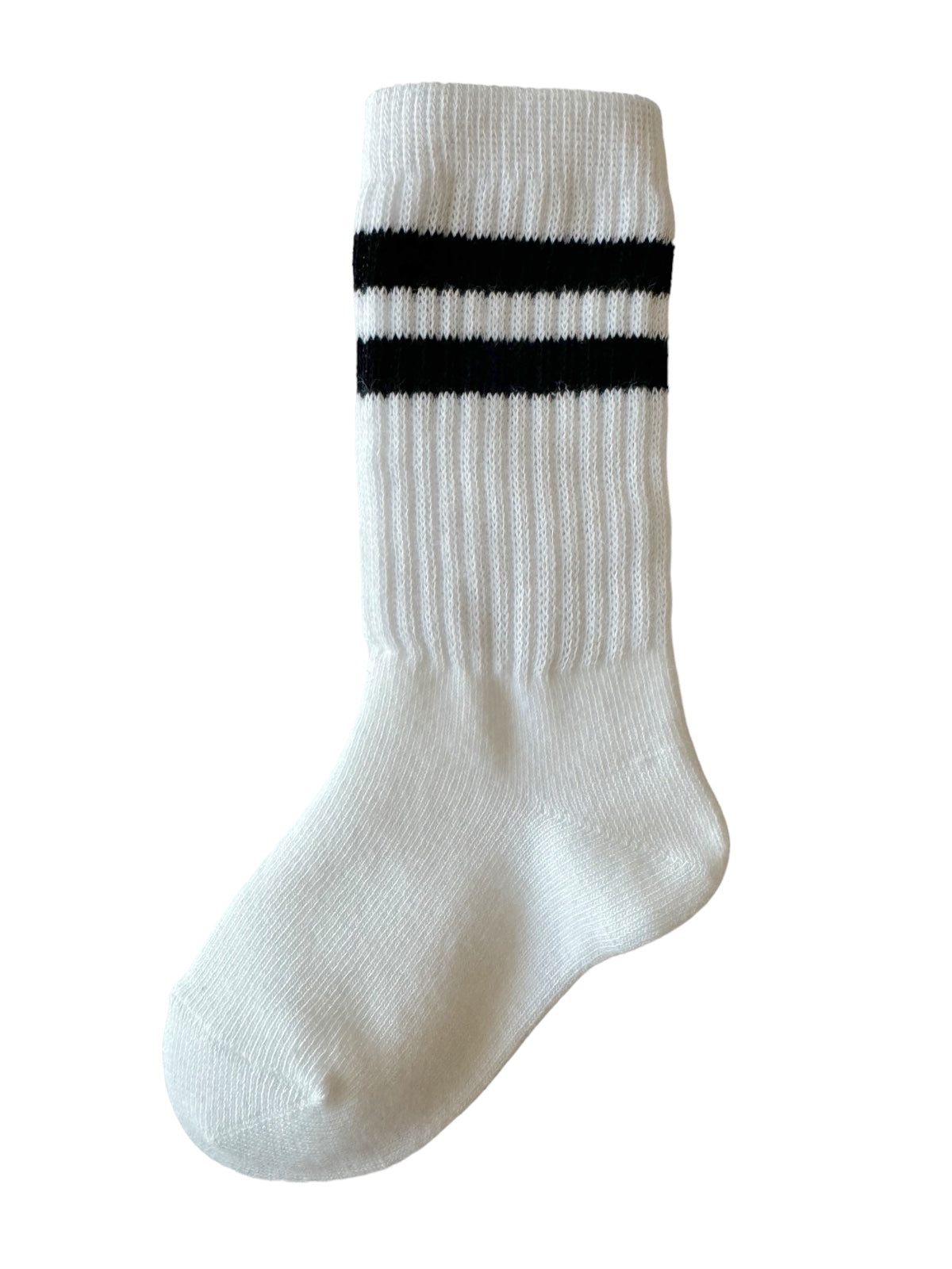 White athletic sock with two black stripes at the top, featuring a ribbed design and a cushioned sole.