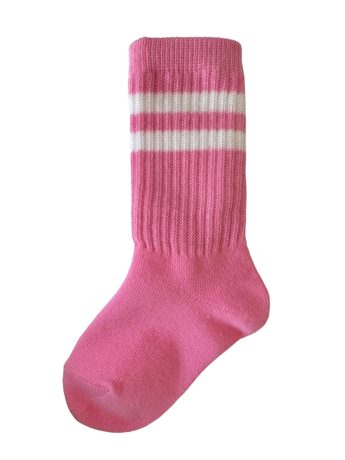 Pink striped sock featuring white stripes, designed for comfort and style.