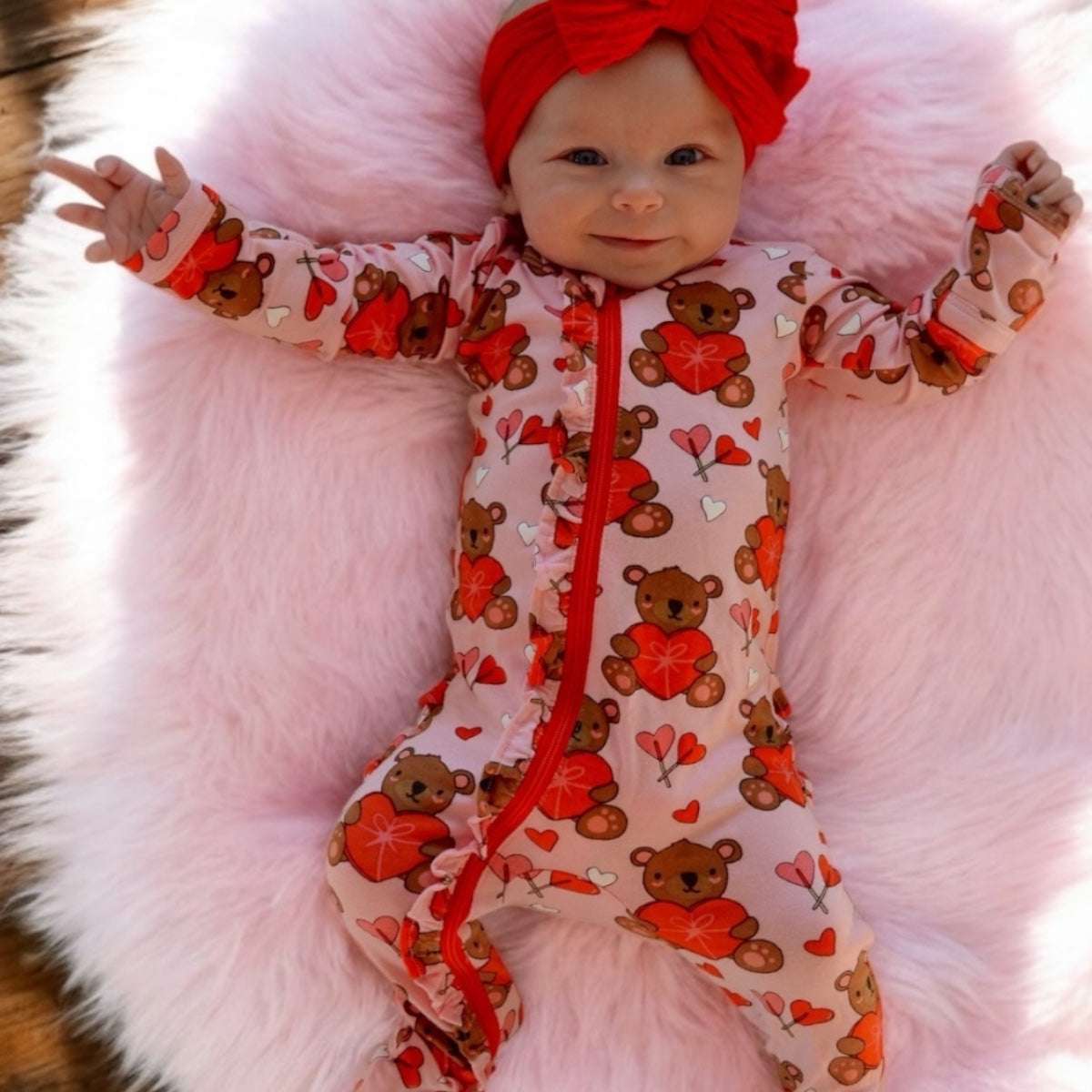 Ruffle Zippered Footie- Hearts
