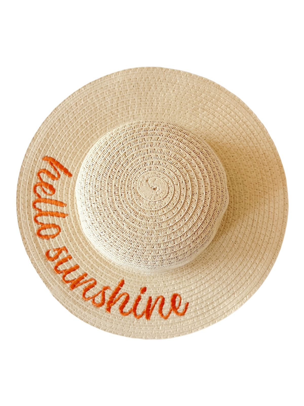 Wide-brimmed straw hat with the phrase "hello sunshine" embroidered in orange. Perfect for sunny days.