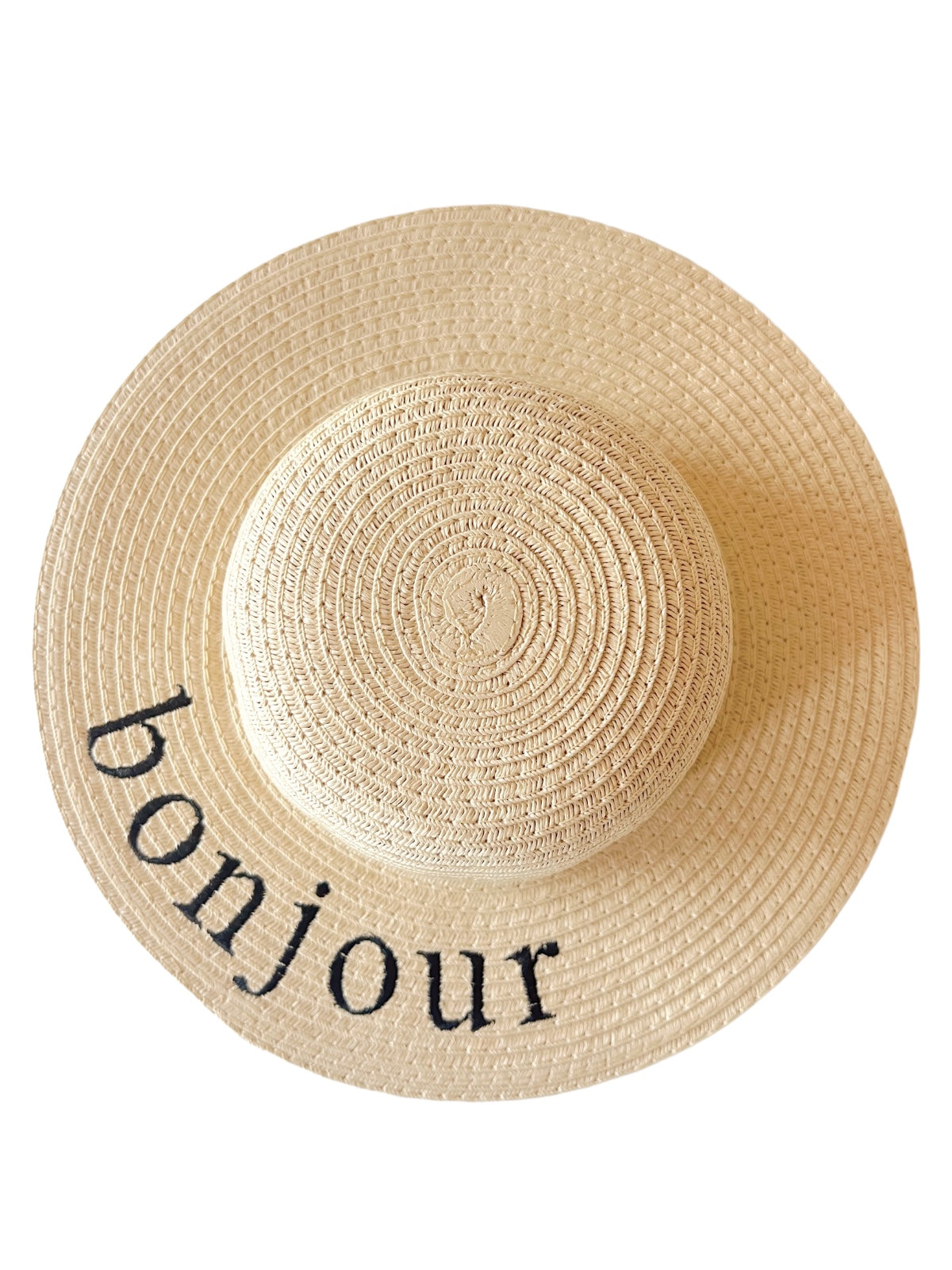 Wide straw hat with a round shape, featuring the word "bonjour" embroidered in black on the brim.