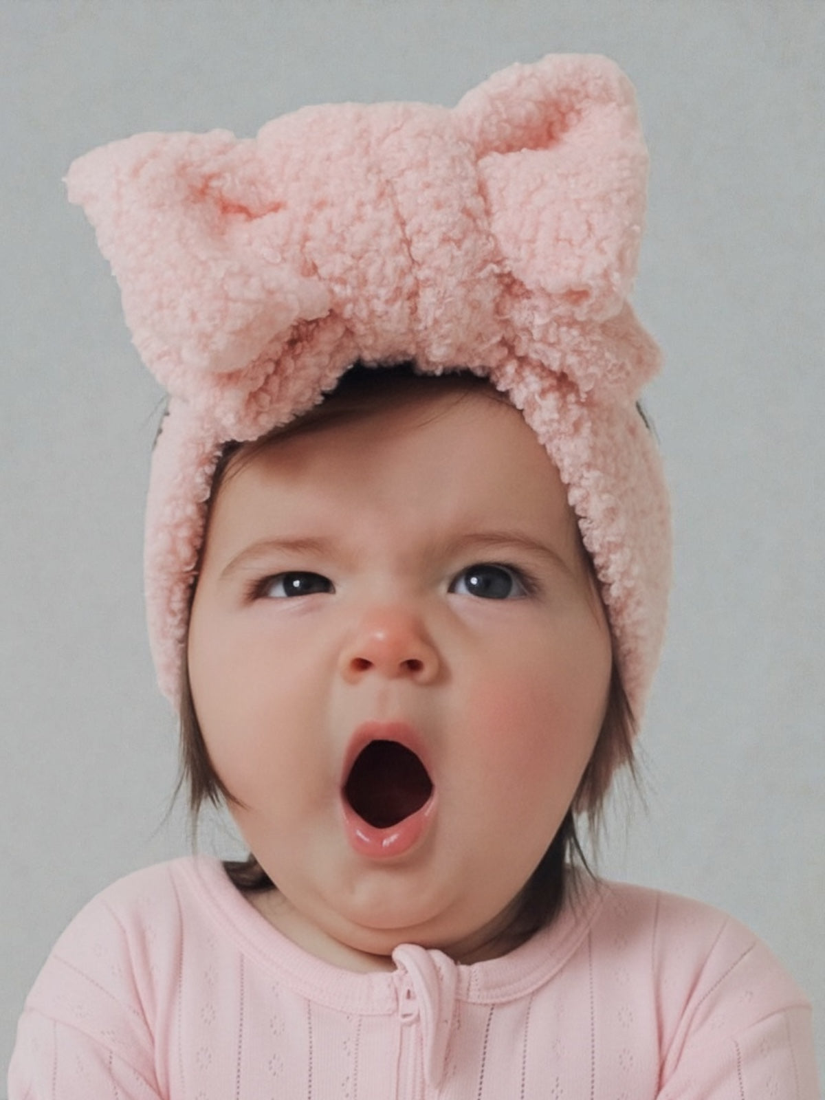 Baby girl in a pink headband yawning while wearing a pink outfit, with a neutral background.
