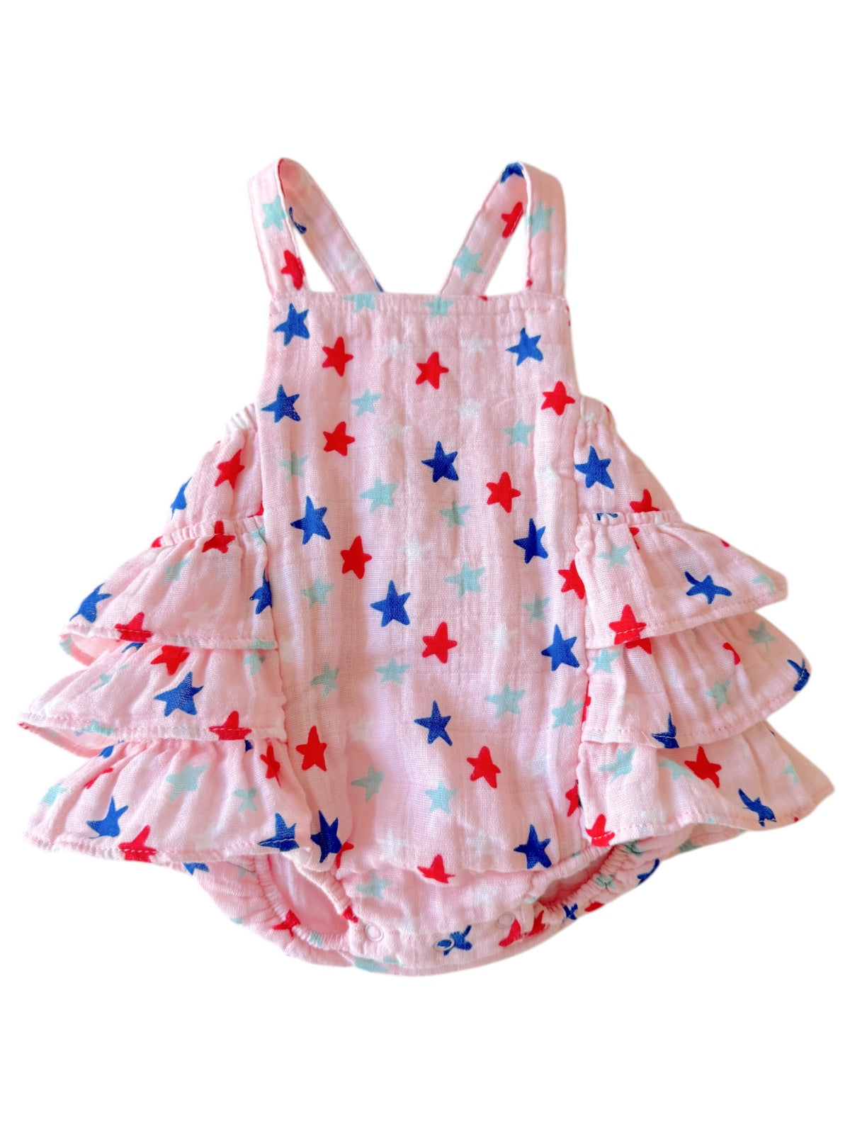 Star-patterned pink romper with ruffled sleeves and straps, perfect for summer wear.