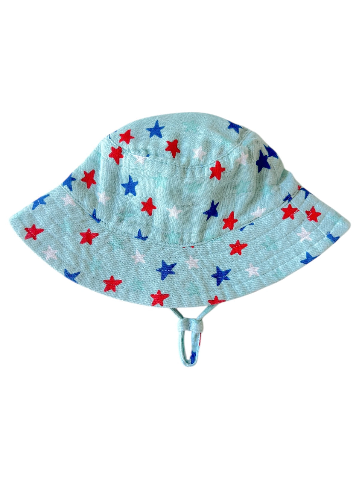 Light blue bucket hat with red, white, and blue star patterns and an adjustable chin strap.