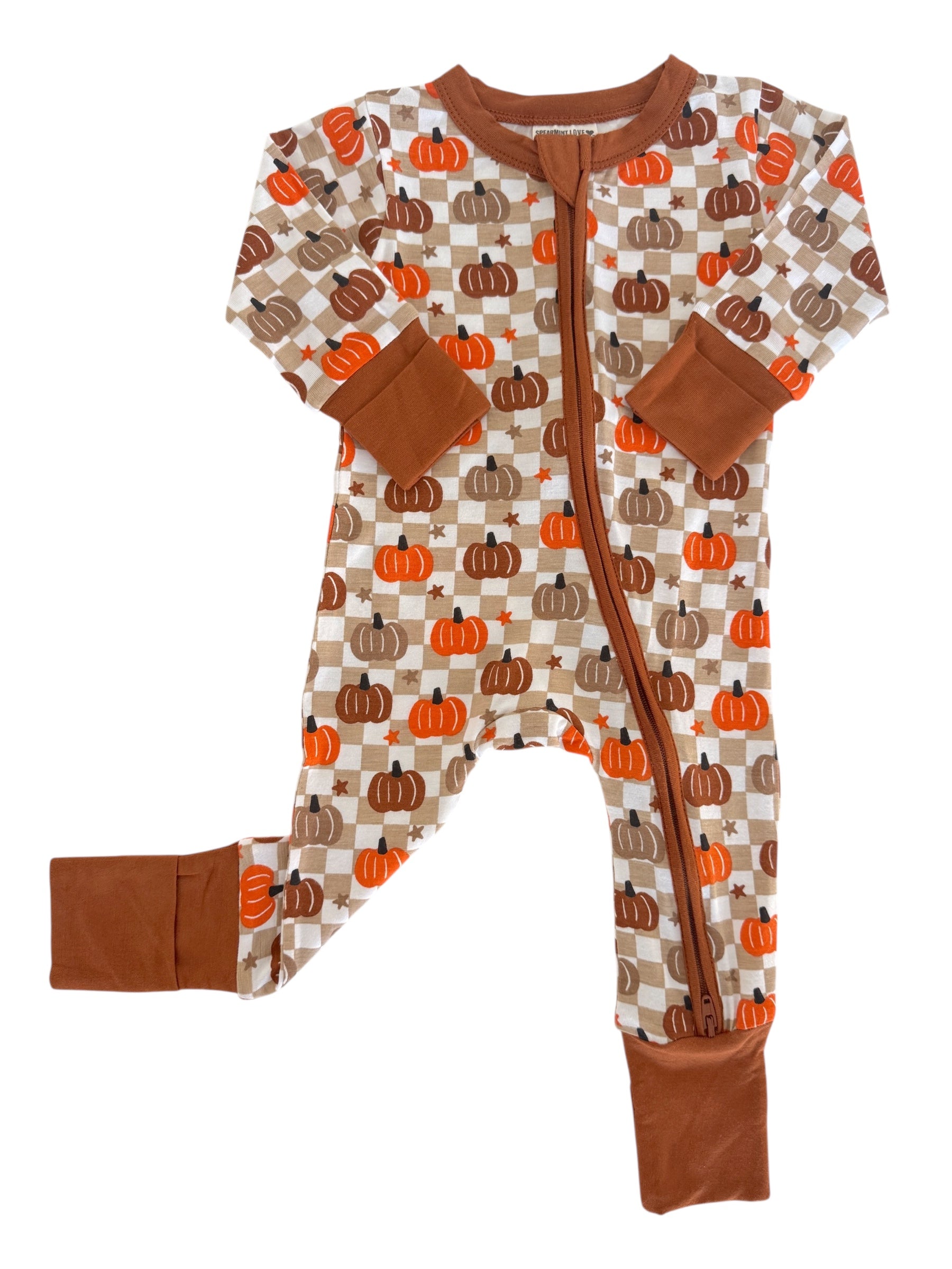Brown and orange pumpkin-patterned infant onesie with zip closure, suitable for autumn wear.