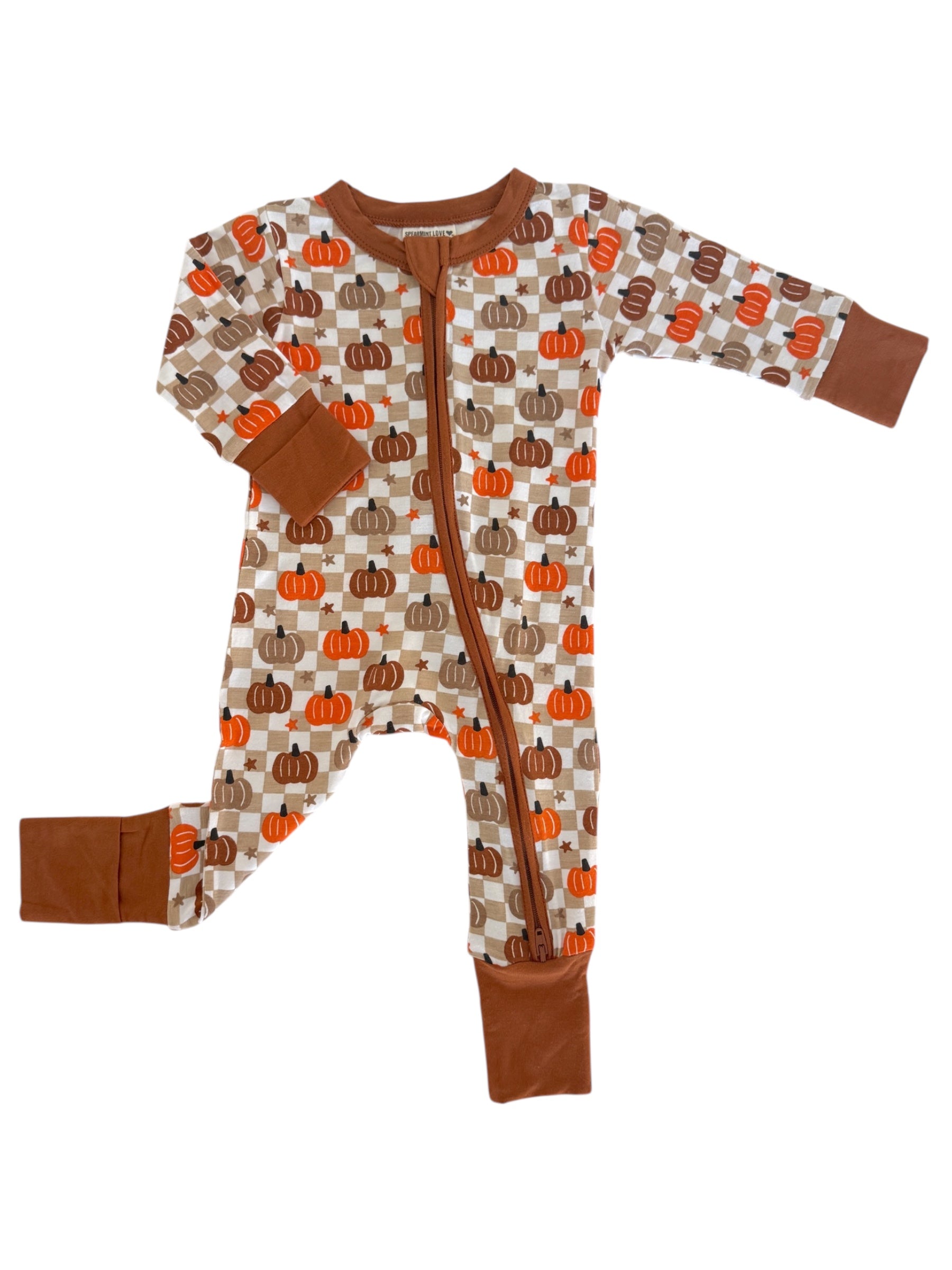 Brown and orange toddler onesie with a pumpkin pattern on a light background. Ideal for fall wear.