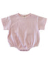 Pink and white striped baby onesie with short sleeves and a gathered bottom.
