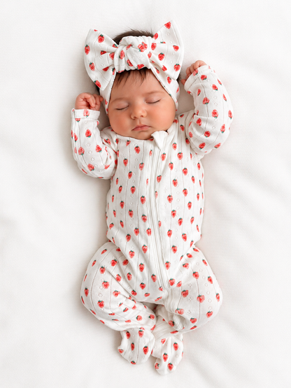 Sleeping baby in a strawberry-patterned onesie and bow headband, resting on a white blanket.