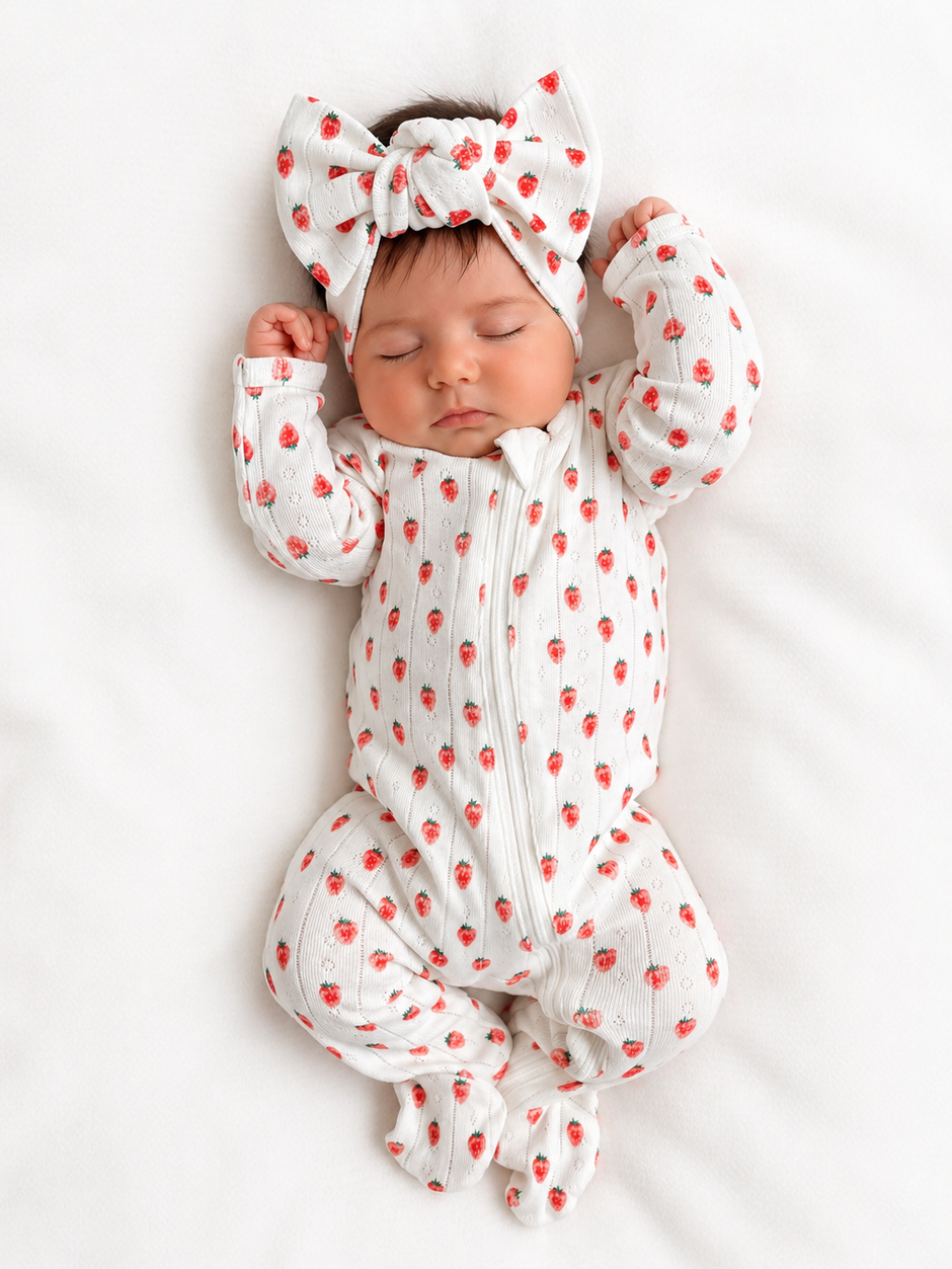 Sleeping baby in a strawberry-patterned onesie and bow headband, resting on a white blanket.