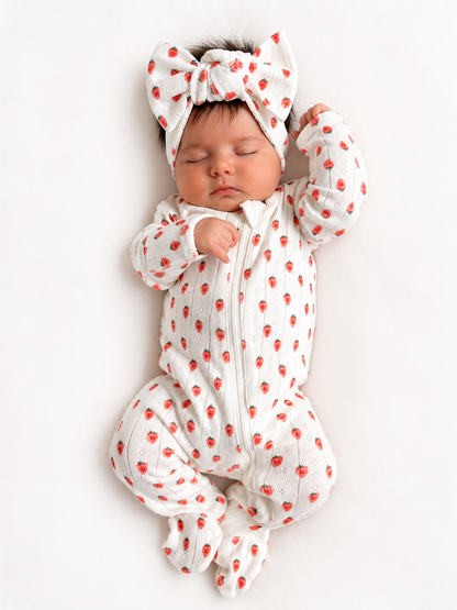 Sleeping baby in a strawberry-patterned onesie and bow headband, lying on a soft white surface.