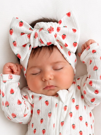Baby girl sleeping peacefully in a strawberry-patterned outfit and large matching headband.