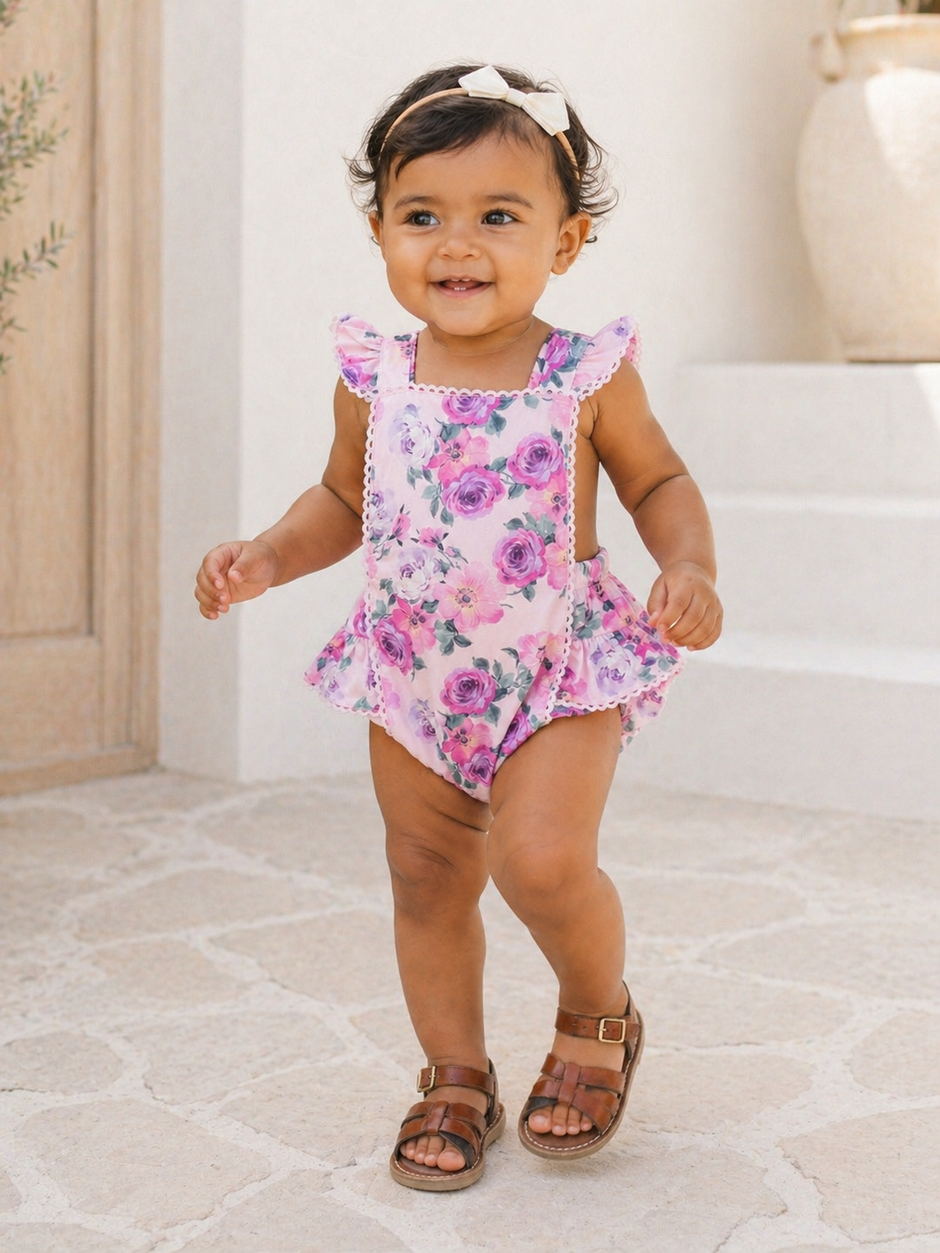 Smiling toddler in a floral romper and sandals, standing on a light stone surface near a wooden door.