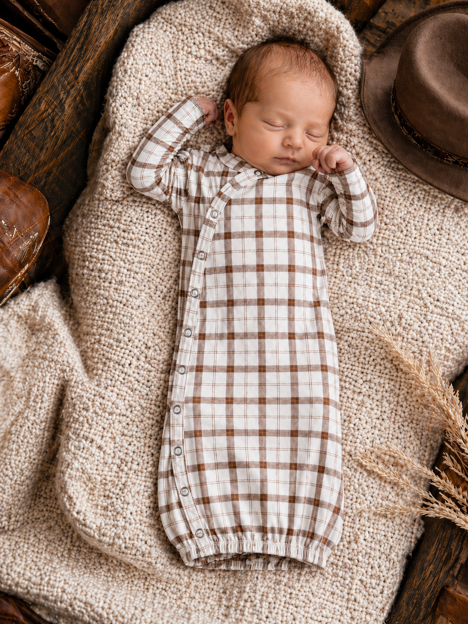 Newborn baby sleeping on a textured blanket, dressed in a brown and white plaid outfit with a hat nearby.