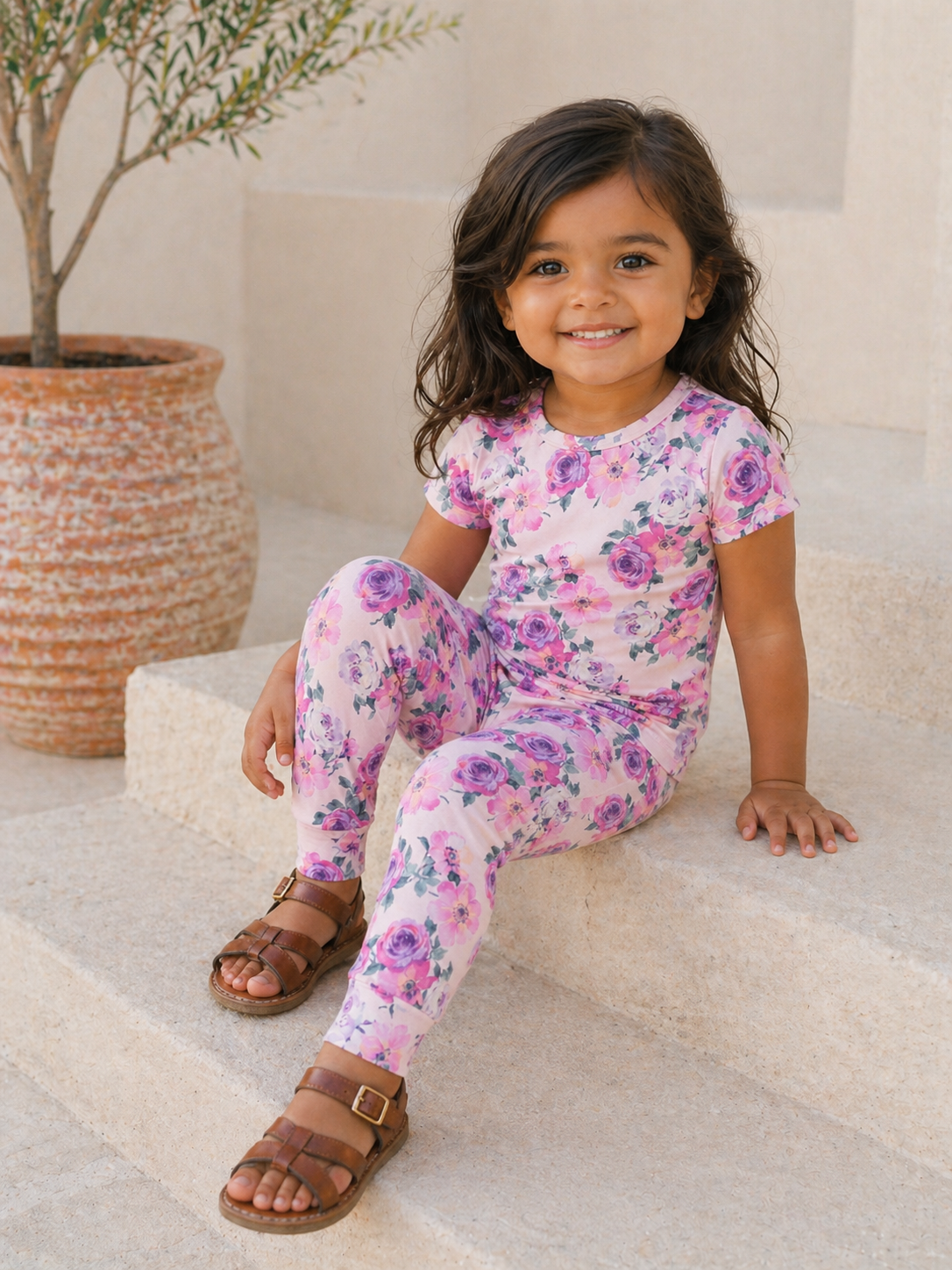 Smiling child in floral outfit sitting on steps near a potted plant, exuding joy in a sunny setting.