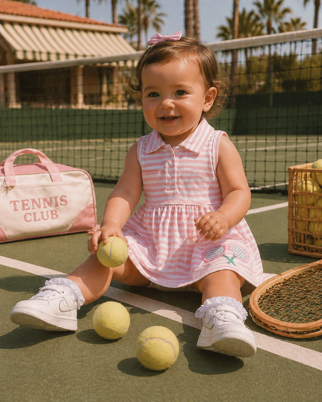 Smiling toddler in a pink striped dress with tennis equipment and balls on a tennis court.