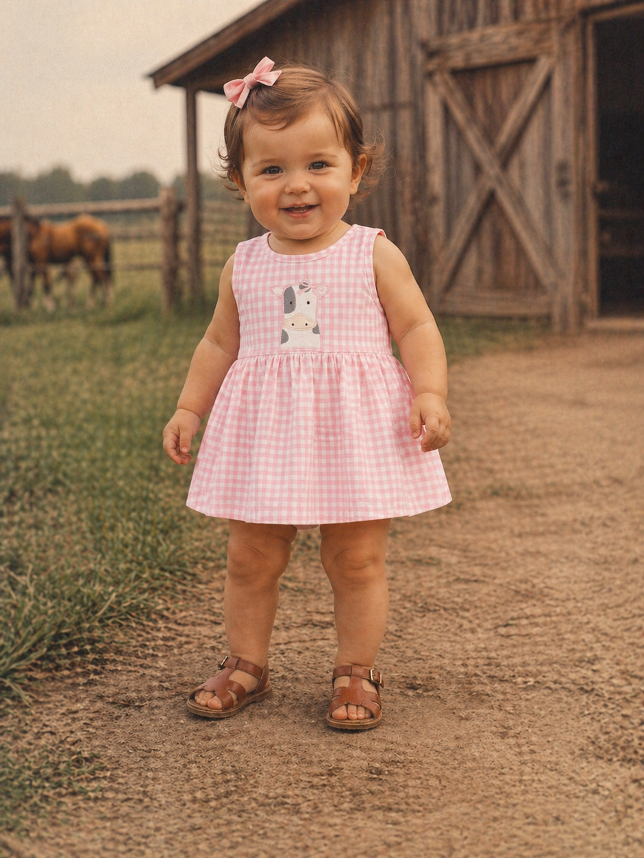Smiling toddler in a pink gingham dress, standing outdoors near a barn, with horses in the background.