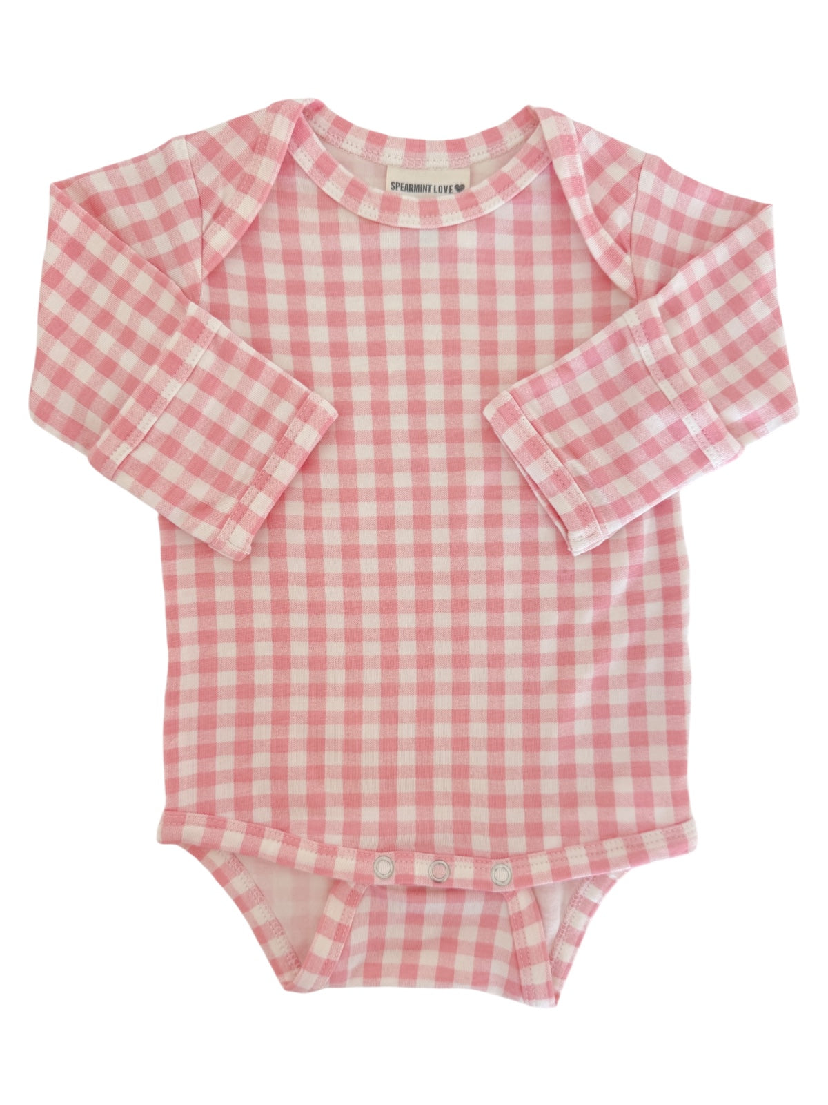 Pink gingham long-sleeve baby bodysuit with snap closures at the bottom, soft fabric for comfort.