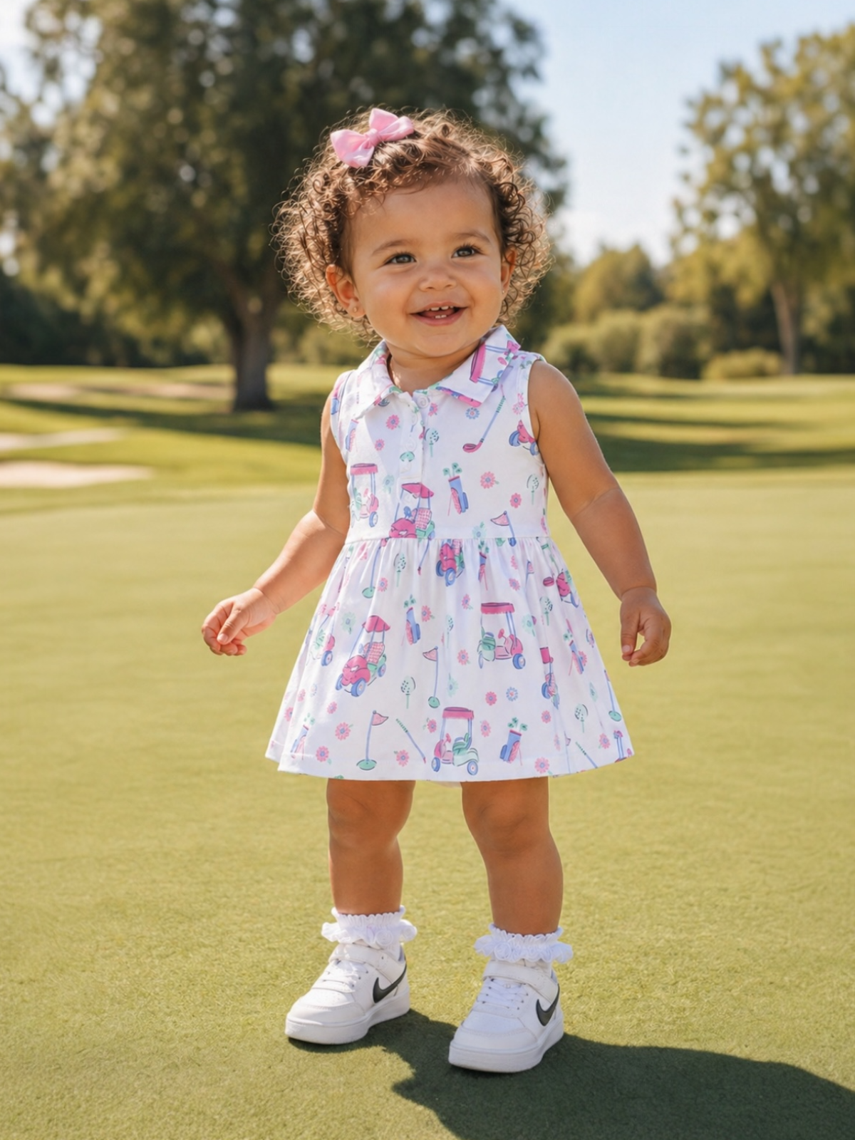 Smiling toddler in a colorful dress stands on green grass, wearing white sneakers and a pink bow in her hair.